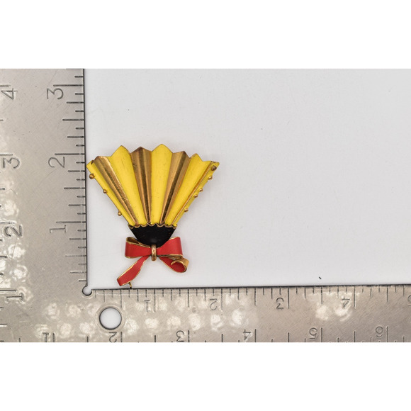 Germany Vintage Fan Pin Brooch Yellow Red Enamel Signed Art Deco Mid 1940s Bin4 - Picture 12 of 12